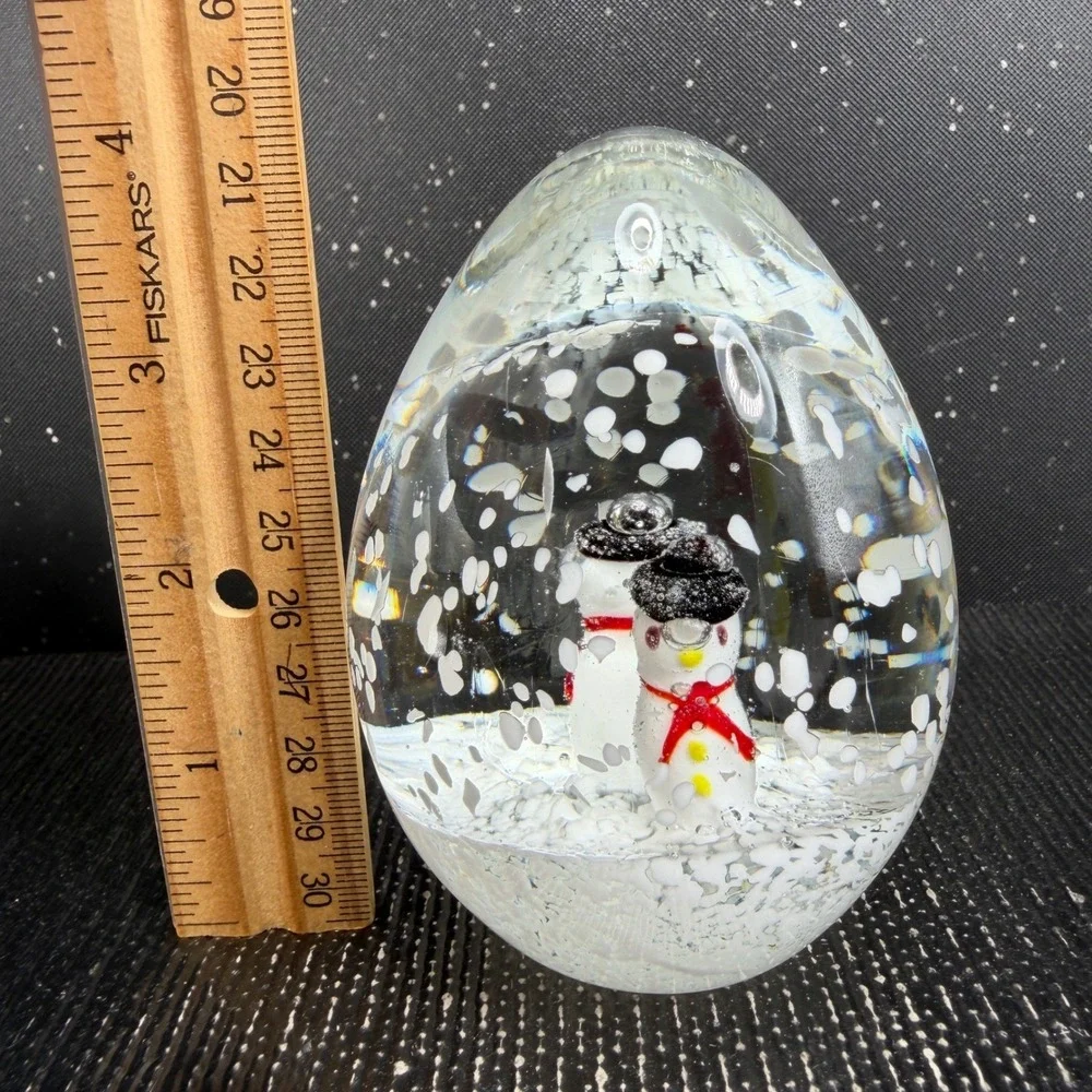 Heavy Glass Snowman Egg Paperweight Winter Snow Scene 4 inch Holiday Decor